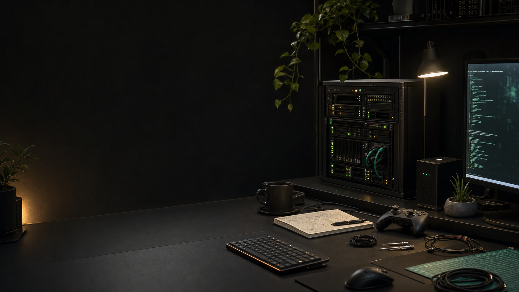 A dark technical desk with server hardware, code, a notebook, and a game controller.
